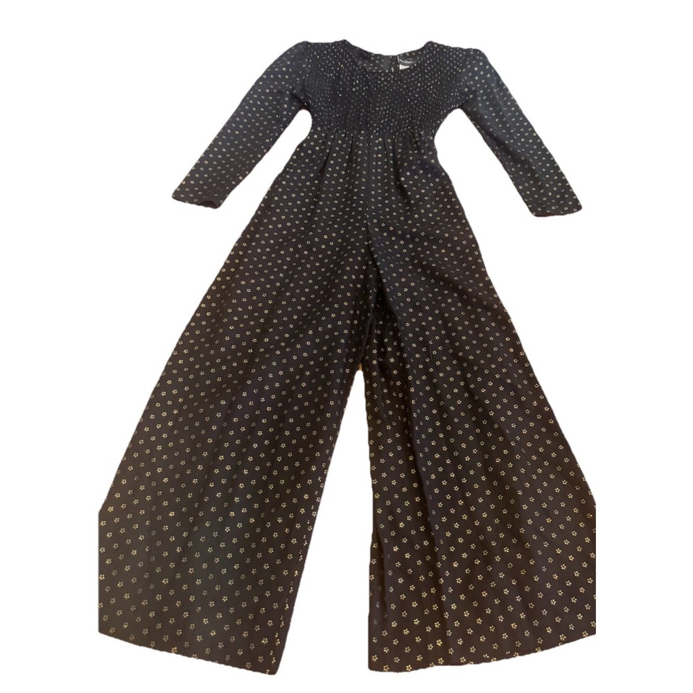 Holiday Romper Tie Back JumpSuit VTG Smocked 80s Wide Leg Black Gold 4p‎ Small